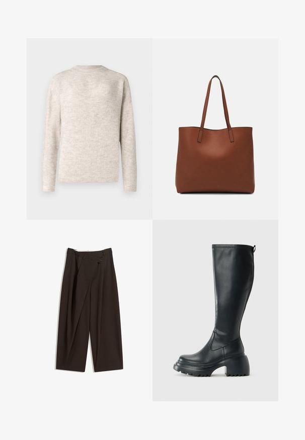 Lichtbeige, lange mouwen trui met een geribbelde textuur en ronde halslijn. Gemaakt van zacht materiaal, heeft het een relaxte pasvorm.; Donkere bruin wijde broek met een hoge taille, voorzien van een enkele knoopsluiting en een geplooide voorkant. Gemaakt van lichtgewicht stof.; Hoge zwarte leren laars met een chunky plateauzool en blokhak, voorzien van een trekband en een gestructureerd profiel op de buitenzool.; Bruine leren tote bag met een gladde textuur, een ontwerp met een open bovenkant en twee schouderbanden. Kenmerkt zich door minimale stiksels en geen zichtbare hardware.