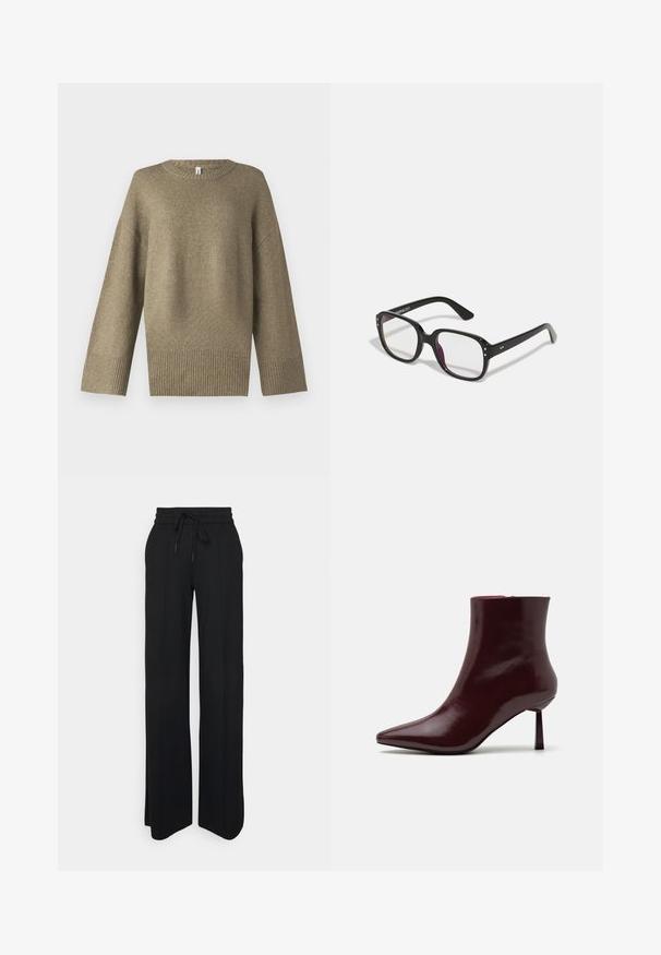 Maglione in maglia verde oliva con scollatura rotonda, spalle cadenti e polsini a coste. Il tessuto appare morbido con un sottile dettaglio di trama.; Pantaloni neri a gamba larga realizzati in tessuto morbido. Presentano un elastico in vita con cordoncino, linee pulite e nessun motivo o accessorio visibile.; Stivale alla caviglia in pelle laccata bordeaux con punta affusolata e tacco stiletto sottile, caratterizzato da una texture liscia e lucida e da un design minimalista.; Occhiali neri rettangolari con lenti trasparenti, caratterizzati da bordi arrotondati e dettagli laterali, con una finitura lucida sulla montatura e sulle astine.