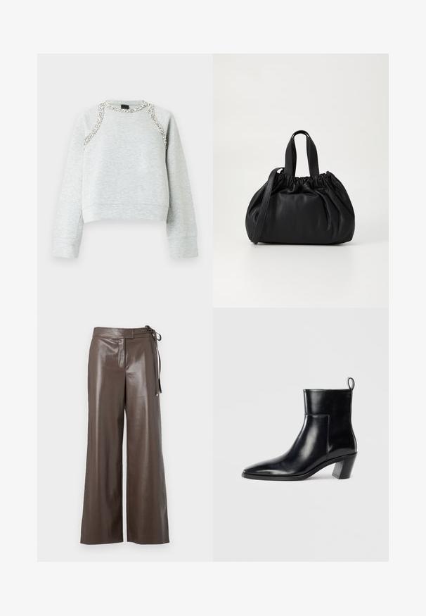 Sweatshirt cinzenta com design cropped, decorada com aplicações prateadas ao longo da linha do decote e dos ombros, confeccionada em algodão macio.; Calças largas em imitação de couro castanho com cintura alta e detalhe de laço lateral sobre um fundo branco.; Botim de cano baixo em couro preto com bico pontiagudo, um salto geométrico empilhado e uma alça na parte de trás. Textura suave e design elegante.; Bolsa de couro preta com um design de topo franzido, apresentando duas alças curtas e uma alça longa ajustável. Textura suave, formato arredondado.