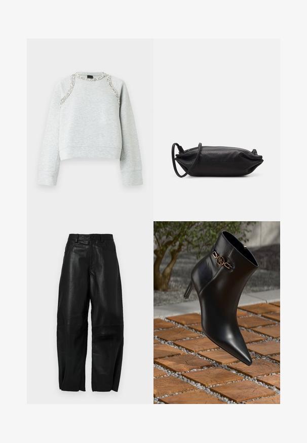 Sweatshirt cinzenta com design cropped, decorada com aplicações prateadas ao longo da linha do decote e dos ombros, confeccionada em algodão macio.; Calças de couro preto com um ajuste solto, apresentando um design de perna reta, bolsos frontais e detalhes de costura visíveis.; Bota de tornozelo em couro preto com bico fino e salto pequeno. Apresenta um detalhe em corrente dourada no tornozelo. Cercada por uma superfície de pedra texturizada.; Carteira de mão em couro preto com formato retangular, textura suave, alça de ombro fina e design minimalista.
