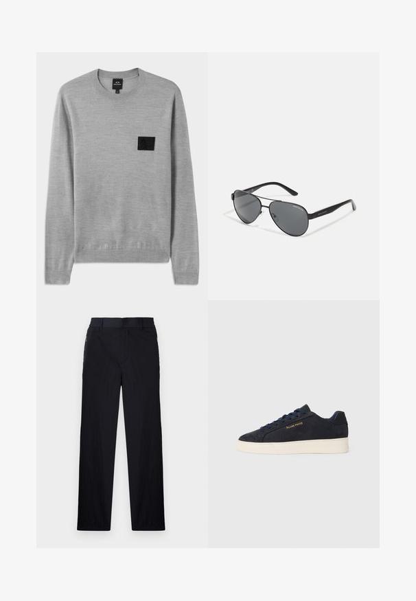Grå genser med rund hals, lange ermer og ribbestrikkede mansjetter. Har et strukturert svart logo-patch på brystet. Myk strikket materiale.; Sorte bukser med lett og teksturert stoff, rett ben-design, elastisk midjebånd og sidelommer med glidelås.; Marineblå ankelhøyde sneakers i semsket skinn med hvit såle, marineblå snøringer, og "Filling Pieces"-logo i gull på siden.; Svarte pilotbriller med mørke linser, tynn metallramme og slanke plastarmer med logo aksenter.