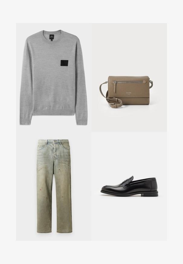 Szary sweter z okrągłym dekoltem, długimi rękawami i ściągaczami. Posiada teksturowaną czarną naszywkę z logo na klatce piersiowej. Miękki materiał dzianinowy.; Zniszczone dżinsy w jasnym zielonym kolorze, z prostymi nogawkami, pięcioma kieszeniami oraz nierównomiernym blaknięciem i plamami farby.; Czarne skórzane mokasyny o gładkiej fakturze, zaokrąglonym nosku i dekoracyjnym pasku na przodzie. Niski, warstwowy obcas, minimalistyczny design.; Taupe skórzana torebka na ramię z zamkiem błyskawicznym z przodu, regulowanym paskiem, teksturą przypominającą drobne kamyki oraz wytłoczonym logo z przodu.