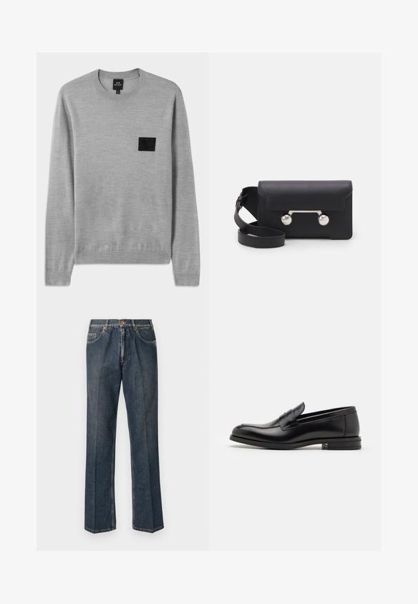 Pelēks džemperis ar apaļu kakla izgriezumu, garām piedurknēm un ribotām aprocēm. Krūtīs ir teksturēta melna logo uzlīme. Mīksta adīta materiāla.; Tumši zili taisni džinsi ar priekšējo pogu, rāvējslēdzēju, dubultajām priekšējām kabatām un redzamām vertikālām krokām pa kājām.; Melnas ādas kurpes ar gludu tekstūru, noapaļu purngalu un dekoratīvu siksniņu pāri priekšpusei. Zems sakrauts papēdis, minimālisma dizains.; Melna ādas crossbody soma ar atloku aizdari, sudraba toņu aparatūru un divām apaļām detaļām. Iespējams noņemt siksnu. Gluda tekstūra.