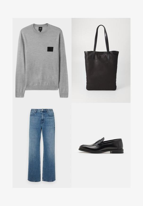 Grå tröja med rund hals, långa ärmar och ribbade muddar. Har en strukturerad svart logotyp på bröstet. Mjuk stickad material.; Vida blå jeans i vida ben av denim med en blekt finish. Har fem fickor, knappstängning fram och rak skärning.; Svarta läderloafers med en slät yta, rund tå och ett dekorativt band över främre delen. Låg staplad klack, minimalistisk design.; Svart canvas toteväska med svarta läderhandtag. Enkel design, rymlig kropp och en slät textur. Inga synliga logotyper eller mönster.