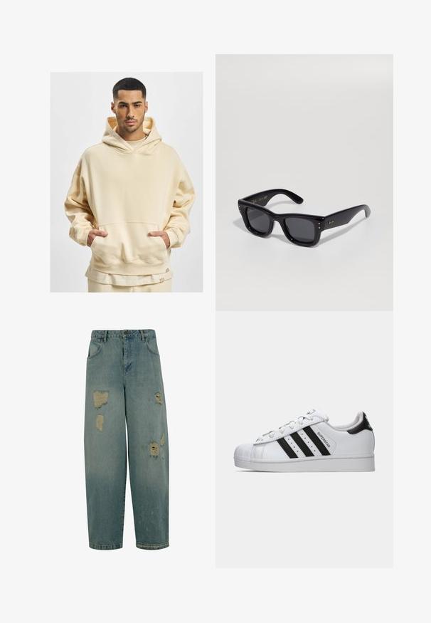 Beige Übergröße Hoodie aus weichem Stoff, mit einer großen Fronttasche und einer Kapuze mit Kordelzug. Der untere Saum enthält ein Markenschild.; Hellblaue Denim-Jeans mit entspanntem Schnitt, die mehrere beschädigte Stellen und fransige Kanten aufweisen. Klassisches Fünf-Taschen-Design.; Weiße Adidas Superstar Sneaker mit schwarzen Streifen, charakteristischer Zehenkappe und "Superstar"-Schriftzug an der Seite, im linken Profil auf weißem Hintergrund gezeigt.; Schwarze Sonnenbrille mit glänzender Oberfläche, rechteckigem Rahmen, dunklen Gläsern und goldenen Logoakzenten an den Bügeln. Zwei goldene Punkte an jeder vorderen Ecke.