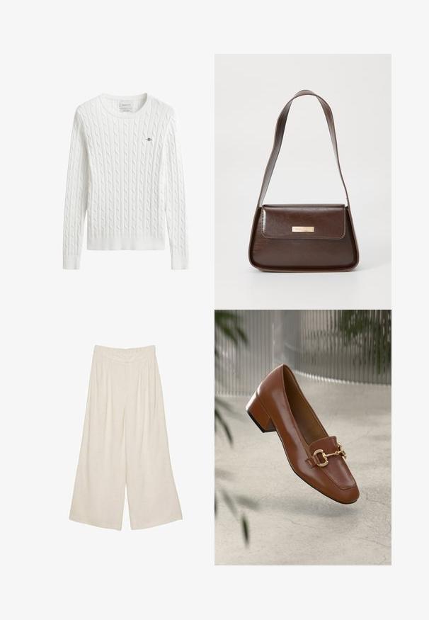 Hvid kabelstrikket trøje med rund udskæring, ribstrikkede manchetter og kant, med et lille broderet logo på venstre bryst.; Lette beige bredde ben bukser i linned med plisseret design og elastisk talje for komfort og nem påklædning.; Brun patentlæder loafers med firkantet tå, metallisk kædeaccent og lav blokhæl; glat tekstur, minimalistisk design.; Brun læder skuldertaske med en struktureret form, der har en magnetisk klaplukning og en metallisk logoaccents på forsiden.