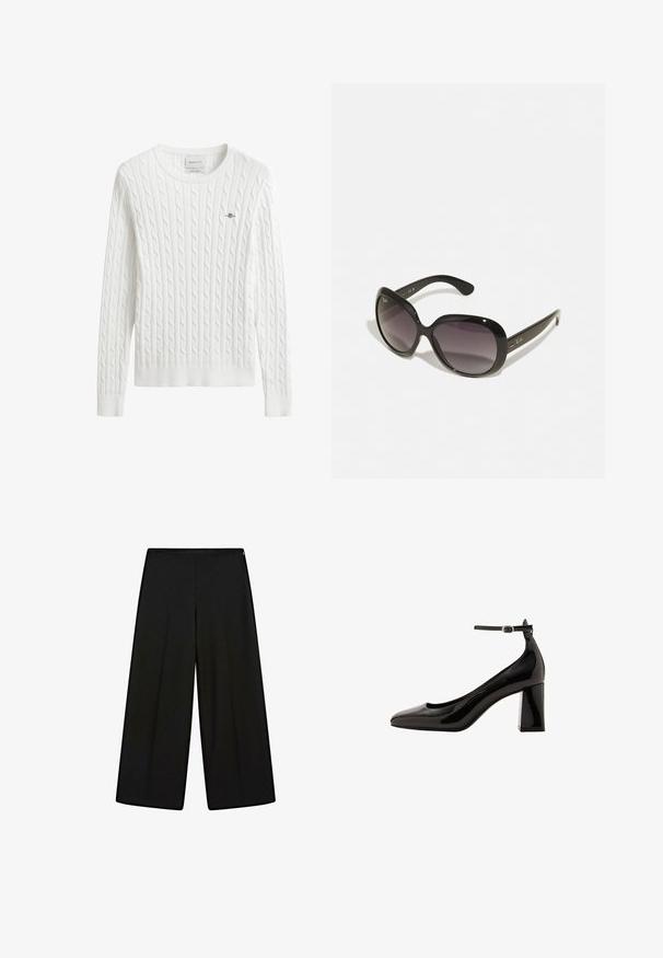 Witte kabelgebreide trui met ronde hals, geribbelde manchetten en zoom, met een klein geborduurd logo op de linkerborst.; Zwarte wijde pantalons van zachte stof, met een hoge taille en plooien, met een gladde textuur en zonder zichtbare versieringen.; Zwarte lakleren enkelschoenen met een glanzende afwerking, spitse neus en een dikke blokhak. Vetruige textuur, minimale detaillering.; Zwarte zonnebril met oversized, ronde monturen. Lenzen verlopen van donker naar licht. Heeft een elegante, glanzende afwerking en subtiele logo-accenten op de pootjes.