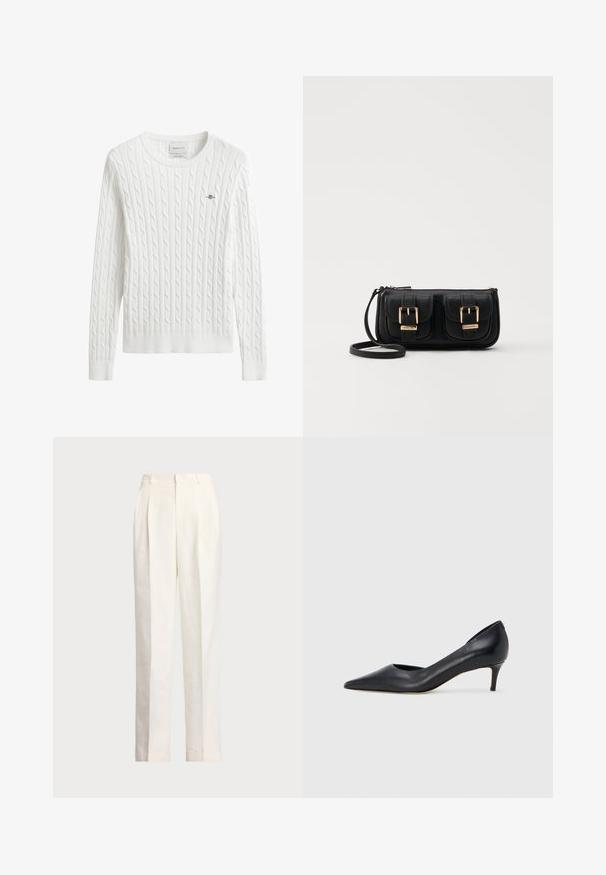 Pull blanc en maille torsadée avec un col rond, des poignets et un ourlet côtelés, comprenant un petit logo brodé sur la poitrine gauche.; Polo Ralph Lauren HEMP WIDE LEG PANT - Pantalon classique - nevis; Escarpin en cuir noir avec un bout pointu et un talon bas. Présente une texture lisse et un éclat subtil. Découpe ouverte à l'avant pour un détail supplémentaire.; Sac en cuir noir porté en travers avec deux poches avant, boucles dorées, fermeture zippée et une sangle fine. Surface texturée et forme rectangulaire compacte.