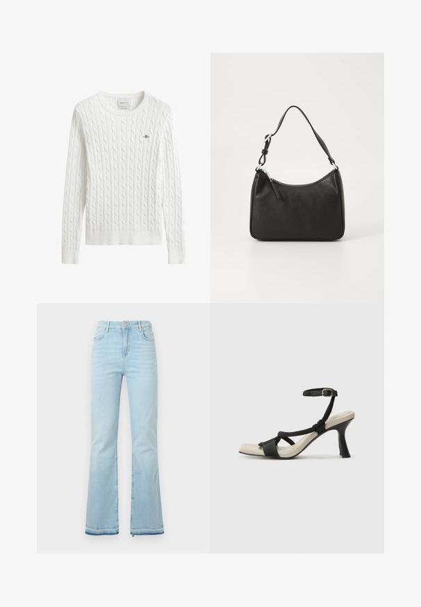 White cable-knit sweater with a round neckline, ribbed cuffs and hem, featuring a small embroidered logo on the left chest.; Light blue flared jeans made of denim, featuring a high waist, front pockets, and a raw hem at the cuffs for a casual look.; Black heeled sandal with braided strap design, square toe, and adjustable ankle strap. Light beige footbed with a glossy black heel.; Black leather handbag with a curved shape, a single strap, zip closure, and subtle branding on the front. Smooth texture, minimalist design.
