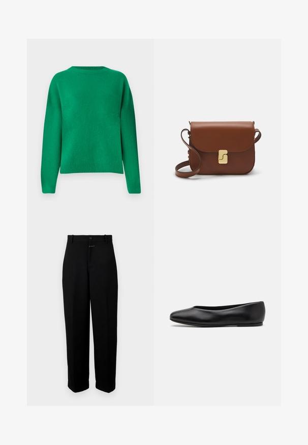 Zeleni pleteni pulover s opuštenim krojem, okruglim izrezom, spuštenim ramenima i rebrastim rubom. Glatka tekstura s ravnom površinom.; Crne hlače od glatkog materijala, s kopčanjem na gumb, petljama za remen i dizajnom ravnog kroja.; Paul Smith TOPANGA - Balerinke - black; Smeđa kožna torba s preklopom, zlatnim detaljima, remenom za nošenje preko ramena i glatkom teksturom. Kompaktni pravokutni oblik.