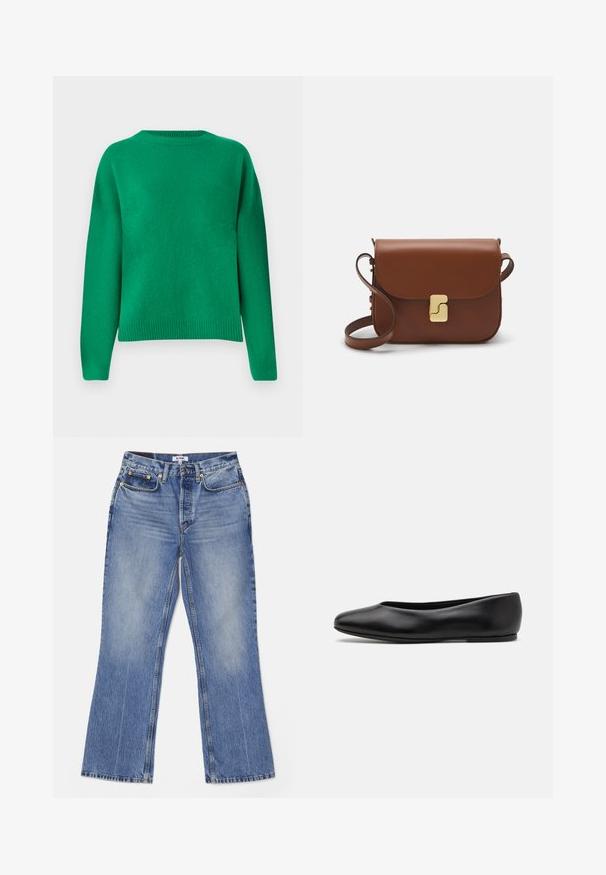 Roheline kudum, millel on mugav lõige, ümmargune kaelus, madalad õlad ja soonikkoes äär. Sile pind, millel on ühtlane viimistlus.; RE/DONE LOOSE - Bootcut-teksad - hacienda; Paul Smith TOPANGA - Baleriinad - black; Pruunist nahast käekott, millel on klapiga sulgur, kuldne riistvara, õlarihm ja sile tekstuur. Kompaktne ristkülikukujuline vorm.