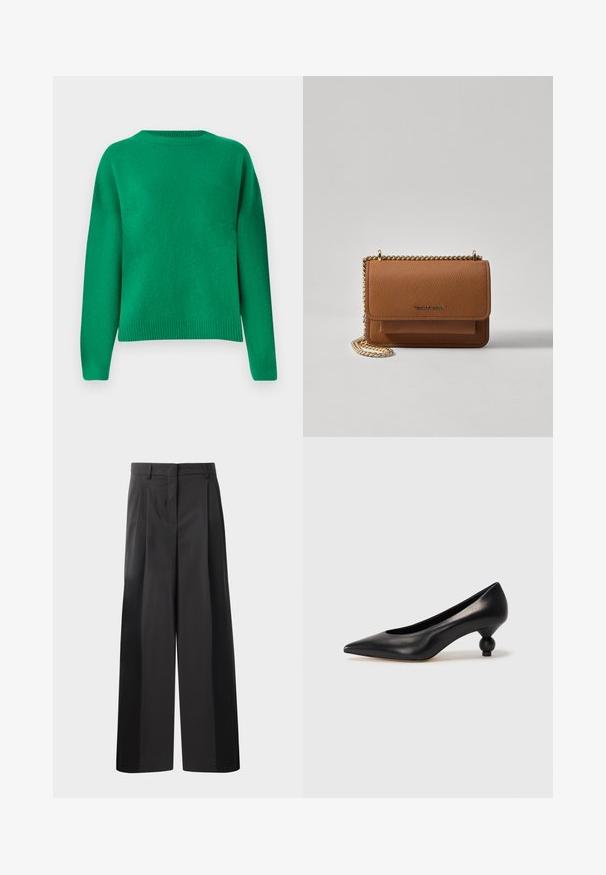 Pull en maille verte avec une coupe décontractée, un col rond, des épaules basses et une bordure côtelée. Texture lisse avec une finition uniforme.; Pantalon large noir avec une taille haute, doté de plis avant, d'une texture lisse et d'une finition ajustée. Conçu pour un ajustement décontracté.; Chaussure à talon haut en cuir noir avec un bout pointu et un talon arrondi. Texture lisse avec un design épuré et minimal.; Sac en cuir texturé marron en bandoulière avec une sangle en chaîne dorée et une fermeture à rabat. L'avant présente un détail de logo et une poche sous le rabat.