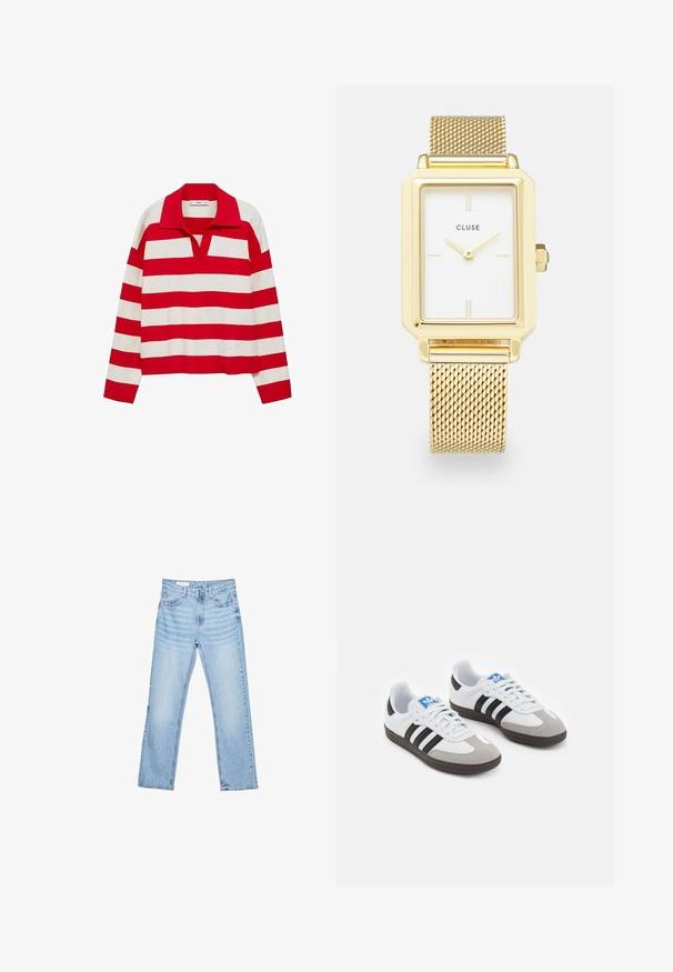Mango Pulover - red; Svetlo modri kavbojki s ravnim krojem, petimi žepi in vidnimi šivi. Srednje visok pas z klasik gumbom in zadrgo.; Športni čevlji z belim usnjenim zgornjim delom, sivim semišem na prstih in tremi črnimi črtami. Imajo modro logo na jeziku in teksturiran gumijast podplat.; Zlata pravokotna ura z belo številčnico, minimalističnimi indekski za ure in mrežno kovinsko zapestnico. Ima stransko krono za nastavitev časa.
