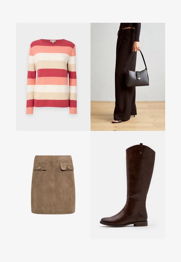 Gestreepte pullover trui in tinten van rood, roze, beige en crème. Beschikt over lange mouwen en een ronde halslijn met een zachte, gebreide textuur.; Bruine suède mini-jurk met een gladde textuur, voorzien van twee voorflapzakken en knoopsluitingen aan elke kant. Eenvoudig, recht ontwerp.; Bruine kniehoge laarzen van soepel leer, met een ronde neus, lage gestapelde hak en een subtiel stikselpatroon langs de zijkanten.; Zwarte handtas met gestructureerde vorm, gladde textuur en een metalen sluiting. Gecombineerd met brede zwarte broeken en sandalen met open teen op een houten vloer.