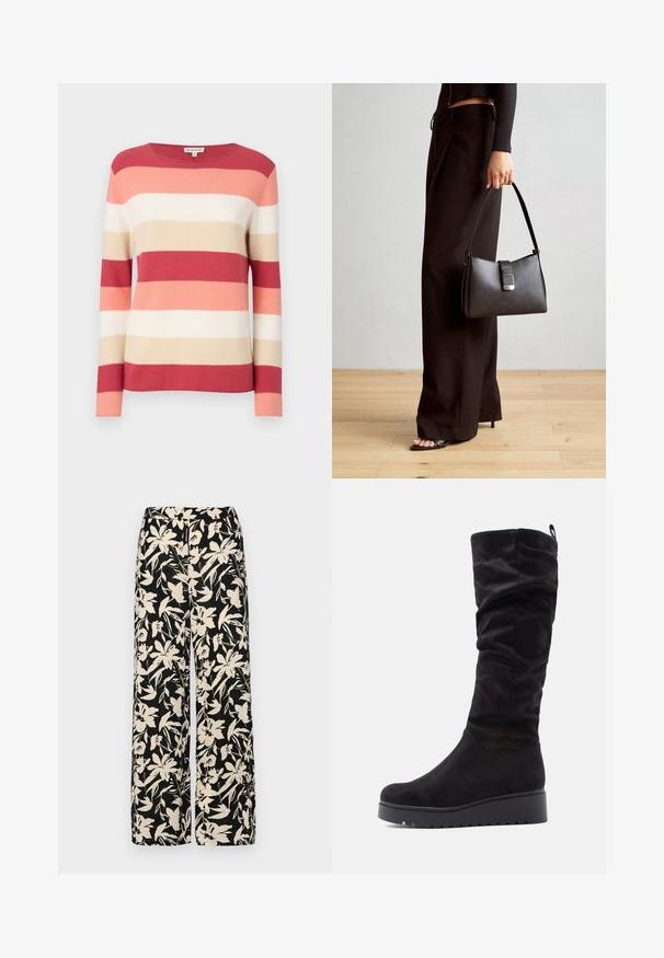 Pull en maille rayé dans des tons de rouge, rose, beige et crème. Doté de manches longues et d'un col rond avec une texture douce en tricot.; Pantalon large noir avec un motif floral crème. Fabriqué en tissu léger, il présente une texture lisse et une taille haute.; Bottes noires en daim montantes avec un design plissé, bout rond et semelle épaisse à plateforme avec un détail strié.; Sac à main noir à la forme structurée, texture lisse et fermoir métallique. Associé à un pantalon noir ample et des sandales ouvertes sur un sol en bois.