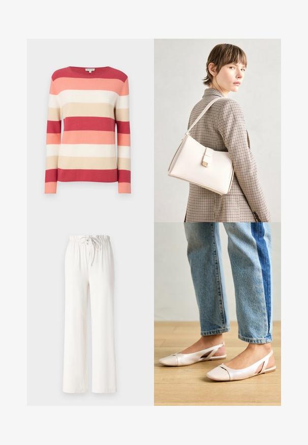 Pull en maille rayé dans des tons de rouge, rose, beige et crème. Doté de manches longues et d'un col rond avec une texture douce en tricot.; Pantalon large blanc en tissu doux, avec une taille à cordon de serrage et une texture lisse. Aucun motif ni embellissement visible.; Ballerines slingback rose pâle avec un bout pointu, fabriquées en un matériau semblable au cuir lisse. Présentent des découpes sur les côtés et un talon plat.; Sac à main en cuir blanc au design structuré, doté d'un fermoir magnétique et d'une bandoulière, présenté sur un fond neutre.
