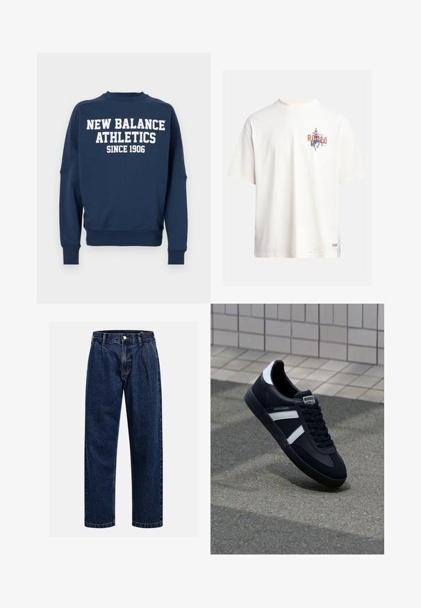 Marineblauwe sweatshirt met een ronde hals, lange mouwen en witte tekst "NEW BALANCE ATHLETICS SINCE 1906" op de voorkant.; Crème katoenen t-shirt met korte mouwen en een ronde hals. Kenmerkt een grafische print in blauw en rood met tekst en een motief.; Donkerblauwe denim jeans met een rechtlopende pasvorm. Beschikt over zichtbare stiksels, een knoopsluiting en voorste plooien voor extra detail.; Zwarte leren sneaker met witte strepen, een gestructureerde rubberen zool en vetersluiting aan de voorkant. Voorzien van een merklabel op de tong.