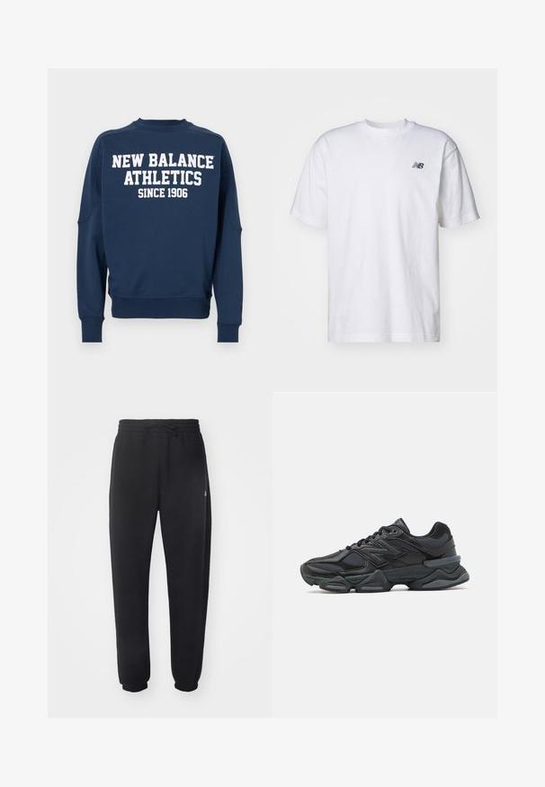 Námornícky modrá mikina s okrúhlym výstrihom, dlhými rukávmi a bielym textom "NEW BALANCE ATHLETICS SINCE 1906" na prednej strane.; Biele tričko s krátkym rukávom a okrúhlym výstrihom s malým čiernym logom New Balance na ľavej hrudi na jednoduchom pozadí.; Čierne tepláky vyrobené z mäkkého materiálu s elastickým pásom, šnúrkou na stiahnutie a zúženými manžetami, s jemným logom na boku.; Čierna bežecká obuv so zmesou sieťoviny a syntetických materiálov, robustnou podrážkou, zakriveným dizajnom a výrazným logom na boku.