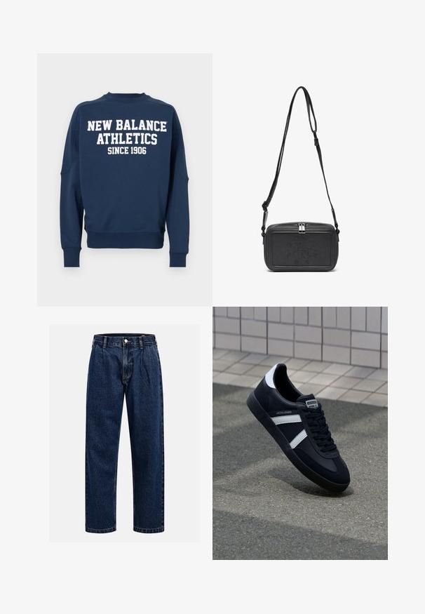 Navy blue sweatshirt with a crew neck, long sleeves, and white text reading "NEW BALANCE ATHLETICS SINCE 1906" on the front.; Dark blue denim jeans with a straight-leg design. Features visible stitching, a button closure, and front pleats for added detail.; Black leather sneaker with white stripes, textured rubber sole, and lace-up front. Features a branded label on the tongue.; Black leather crossbody bag with a zip closure, embossed logo on the front, and adjustable strap. Smooth texture with a rectangular shape.