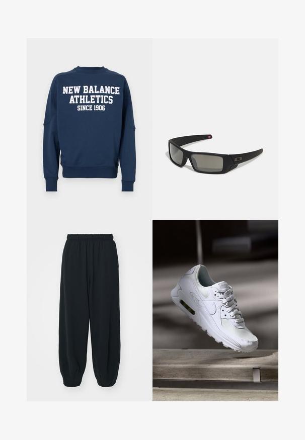 Tengerészkék pulóver kereknyakkal, hosszú ujjakkal, elöl fehér felirattal, amely olvashatóan hirdeti: "NEW BALANCE ATHLETICS SINCE 1906".; Fekete, rugalmas derékpántos melegítőnadrág, laza fit, véget érő szárakkal, sima textúrával, látható minták vagy hardver díszek nélkül.; Fehér Nike Air Max 90 sneaker, amely hálós és bőr felsőrésszel, perforált orr-résszel és látható légpárnás egységgel rendelkezik a saroknál.; Fekete napszemüveg matt felülettel, téglalap alakú lencsékkel, enyhe ívvel a templomokon, diszkrét logó részlettel és füstszínű lencsékkel.