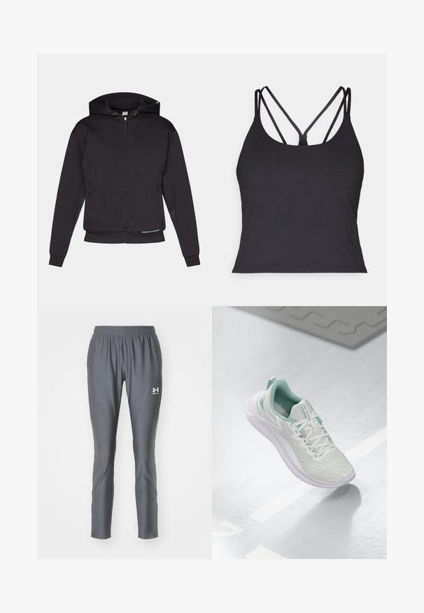 Black zip-up hoodie with a lined hood, front pockets, ribbed cuffs, and a straight hem. Made of soft, thick fabric with a matte texture.; Black tank top featuring thin straps with a crisscross design at the back. Made from soft, stretchy material with a fitted silhouette.; Gray athletic pants made of smooth, lightweight material with an elastic waistband and tapered legs, featuring a small white logo.; Light gray athletic shoe with a textured knit upper, mint green accents, white laces, rubber sole, and pull tab at the heel.