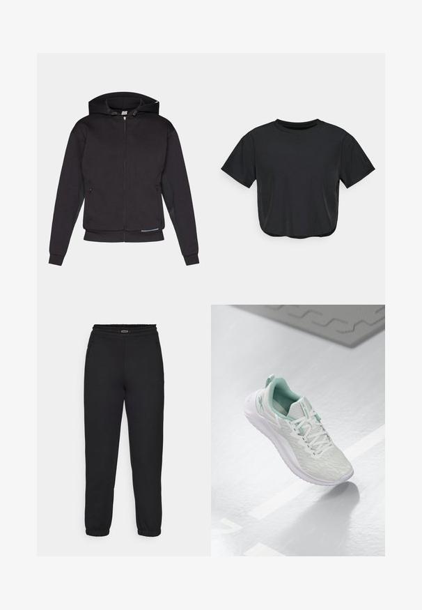 Musta vetoketjullinen huppari, jossa on vuorattu huppu, etutaskut, ribbikuvioidut hihansuut ja suora helma. Valmistettu pehmeästä, paksusta kankaasta, jossa on mattapintainen rakenne.; Musta lyhythihainen crop-tee, joka on valmistettu pehmeästä materiaalista. Siinä on pyöreä kaula-aukko, lyhyet hihat ja rento leikkaus. Huomaamattomat ompeluyksityiskohdat.; Champion C-TECH CUFFED PANTS INTERLOCK - Verryttelyhousut - black; Vaaleanharmaa urheilujalkine, jossa on teksturoitu neulepäällinen, mintunvihreät yksityiskohdat, valkoiset nauhat, kumipohja ja vetolenkki kannassa.
