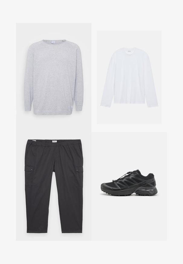 Sweater cinza claro com mangas compridas, decote redondo e malha texturizada. Apresenta um padrão sutil salpicado e uma pequena etiqueta na bainha.; Camiseta de manga longa branca feita de algodão. Apresenta um decote redondo clássico e costuras de ombro caídas, com uma textura lisa e simples.; Calças cargo pretas com um cós elástico, bolsos laterais e detalhes de botão de pressão. Feitas de um tecido leve e suave.; Sapatilha de corrida preta com parte superior em malha e material sintético, sola flexível e atacadores elásticos. Apresenta uma palmilha amortecida para conforto.