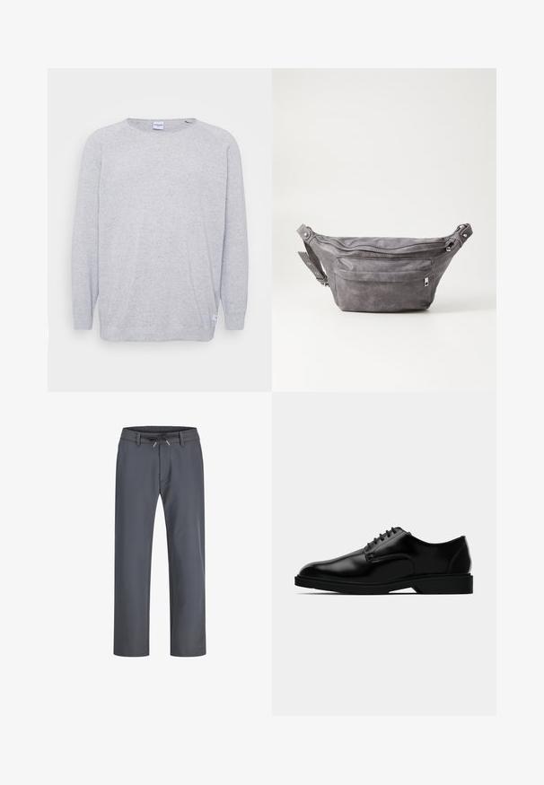Lys grå genser med lange ermer, rund hals og teksturert strikk. Har et subtilt prikket mønster og et lite merke ved kanten.; Grå bukser med elastisk midjebånd og snor. Rett ben-design, laget av glatt stoff, med minimalt søm og uten synlig utstyr.; Sorte lærdressko med en glatt overflate, rund tå, snøring og en diskret gummisåle for godt feste.; Grå semsket fanny pack med avrundet form, to glidelåslommer og justerbar stropp. Har metallbeslag som detaljer.