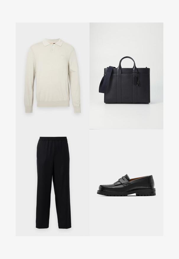 Kremasti polo majica dugih rukava od mekog triko materijala. Ima klasičnu kragnu, dva dugmeta i rebraste manžete i donji rub. Suptilni logo na prsima.; Crne hlače s elastičnom gumom u struku, ravnog kroja i glatkog, laganog materijala. Nema vidljivih džepova ili uzoraka.; Crne kožne mokasine imaju podignutu šav, dvije dekorativne trake na gornjem dijelu i debeli teksturirani đon za bolji grip.; Tamno plavi kožni aktovka s dvije gornje ručke i odvojivim remenom. Ima teksturiranu površinu, vertikalno šivenje i detalj s logotipom.