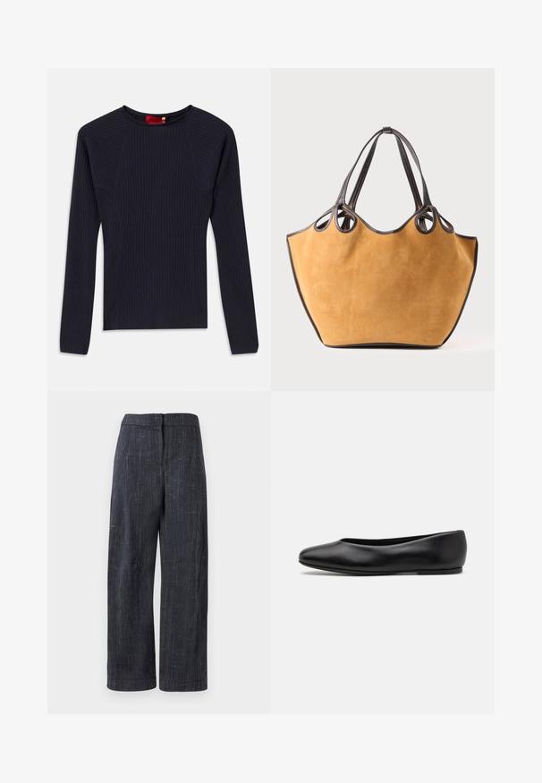 Pulover din tricot de culoare bleumarin, cu mâneci lungi, guler rotund și siluetă ajustată.; Pantaloni largi de culoare gri închis, cu o țesătură texturată subtilă, talie înaltă și închidere frontală ascunsă.; Paul Smith TOPANGA - Balerini - black; Geantă din suede, culoare muștar, cu detalii din piele neagră. Dispune de două mânere și are o formă rotundă. Textură moale, design minimalist.