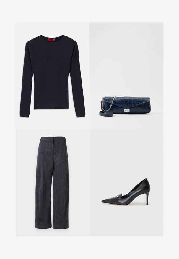 Tummansininen, pitkähihainen ribbineulepaita, jossa on pyöreä kaula-aukko ja muotonsa myötäilevä leikkaus.; Tummanharmaat leveät housut, joissa on hienovarainen teksturoitu kudos, korkea vyötärö ja piilotettu etuklipsi.; Musta nahkainen korkokenkä, jossa on terävä kärki, matala leikkaus ja koristeellinen kultainen yksityiskohta. Varustettu stilettokannalla ja sileällä pinnalla.; Navy sininen nahkakukkarokotelo, jossa on krokotiilinumero, hopeaketjuolkapanta ja metallilukko. Suorakulmainen muoto taitettavalla designilla.