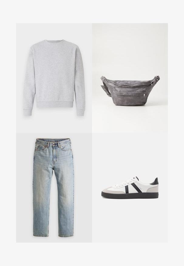 Siva dukserica od mekanog materijala, s okruglim izrezom, dugim rukavima i rebrastim rubovima i donjim dijelom. Jednostavan dizajn bez logotipa ili uzoraka.; Svijetloplave traperice visoki struk, prednji gumb, zatvarač i dizajn s pet džepova, položene ravno na neutralnoj pozadini.; Bijele tenisice s crnim i sivim detaljima, s teksturiranim sivim zaštitnikom prstiju, crnim gumene potplate i ravnim bijelim vezicama. Čist dizajn, minimalistički stil.; Siva zamšasta torbica preko struka sa zaobljenim oblikom, dva zip zatvorena odjeljka i podesivim remenom. Sadrži metalne naglaske.