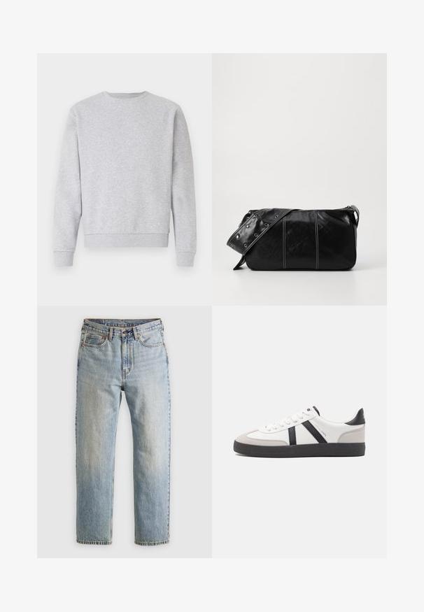 Felpa grigia realizzata in tessuto morbido, con collo a giro, maniche lunghe e polsini e bordo a costine. Design semplice senza loghi o fantasie.; Jeans in denim azzurro chiaro con vita alta, bottone anteriore, cerniera e design a cinque tasche, adagiati su uno sfondo neutro.; Sneaker bianco con accenti neri e grigi, dotata di una punta grigia testurizzata, suola in gomma nera e lacci bianchi piatti. Design pulito, stile minimalista.; Borsa a spalla in pelle nera con chiusura a zip, caratterizzata da un corpo testurizzato, cuciture bianche e una tracolla con occhielli in argento.