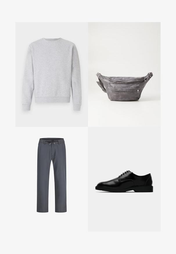 Grijze sweater van zacht materiaal, met een ronde hals, lange mouwen en ribbelboorden bij de mouwen en onderkant. Eenvoudig design zonder logo's of patronen.; Grijze, elastische broek met een trekkoord. Rechtoe-rechtaan ontwerp, gemaakt van een gladde stof, met minimale stiksels en geen zichtbare hardware.; Zwarte leren dresschoenen met een gladde afwerking, ronde neus, vetersluiting en een bescheiden rubberen zool voor grip.; Grijze suède heuptas met een ronde vorm, twee met rits afgesloten compartimenten en een verstelbare band. Voorzien van metalen accenten.