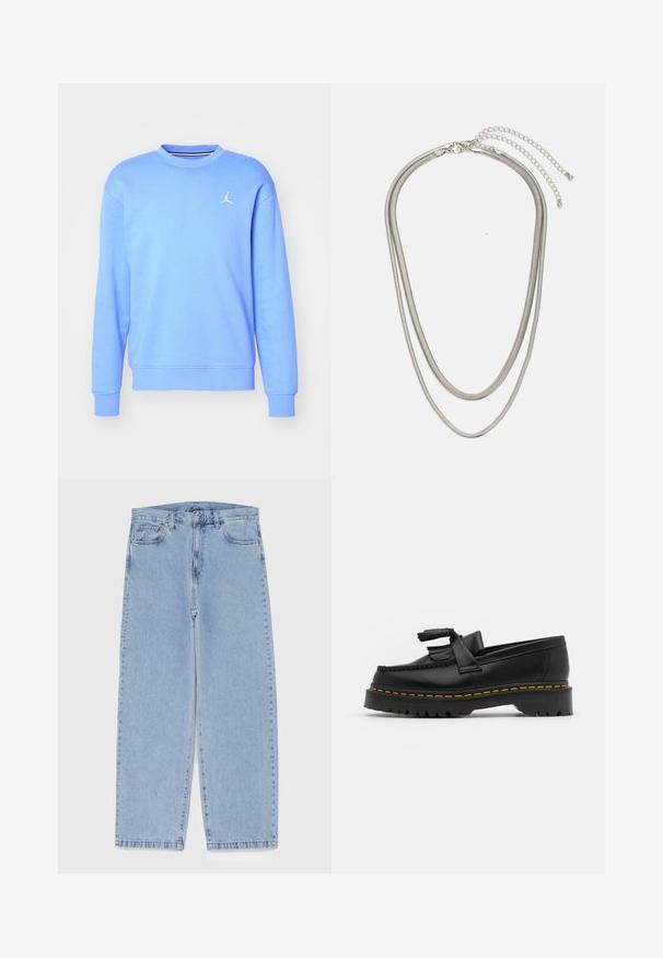 Světle modrá mikina vyrobená z měkkého materiálu, s kulatým výstřihem, dlouhými rukávy a bílým logem na hrudi. Elastické manžety a spodní lem.; Světle modré džíny s rovnými nohavicemi, středním pasem, pěti kapsami a zapínáním na knoflík a zip.; Černé kožené mokasíny s třásněmi, se silnou černou podrážkou a žlutým prošíváním podél okraje. Texturovaný povrch.; Vícevrstvý stříbrný kovový náhrdelník s elegantními, flexibilními řetízky s jemným leskem, zabezpečený karabinkou a nastavitelným řetízkem.