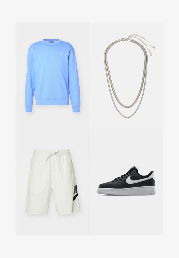 Felpa azzurra realizzata in tessuto morbido, con colletto a girocollo, maniche lunghe e un logo bianco sul petto. Polsini e orlo a costine.; Shorts in cotone grigio chiaro con vita elasticizzata, cordoncino regolabile e logo Nike nero sul lato sinistro.; Sneaker in pelle nera con superficie texture, baffo Nike bianco, suola grigia, punta rotonda e design con lacci. Presenta delle perforazioni sulla punta.; Collana in metallo argentato a tre strati caratterizzata da catene sottili e flessibili con una leggera lucentezza, fissata con un gancio a molla e una catena regolabile.