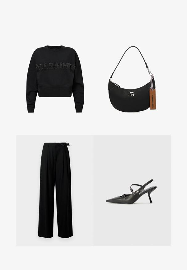 Svart cropped genser laget av myk stoff, med "ALLSAINTS" i teksturerte svarte detaljer over fronten. Rund hals og lange ermer.; Svarte vide bukser med høy livlinje, folder foran og belte med spenne. Laget av glatt, lett materiale.; Sorte skinn slingback-hæler med spiss tå, slank hæl og dekorativ spenne detalj på vampsiden. Glatt tekstur og stilrent design.; Svart skinnveske med pebble-tekstur, buet form, glidelås på toppen, sølvfarget hardware og en brun etikett. Inkluderer logo-akkenter.