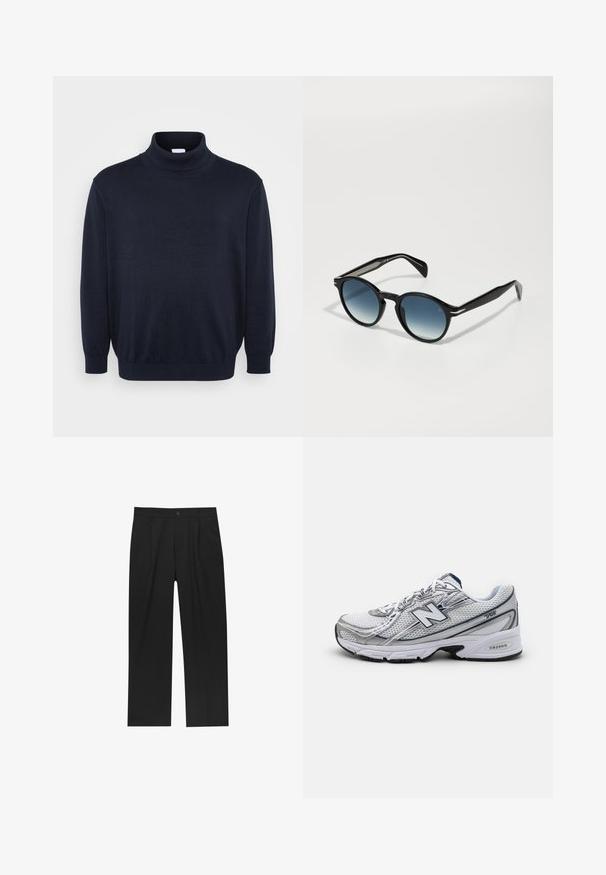 Jack & Jones JJEBASIC granatowy; Biała bawełniana koszulka z krótkim rękawem, okrągłym dekoltem i luźnym krojem. Gładka struktura bez widocznych wzorów czy akcentów.; Czarne spodnie o prostym kroju, wykonane z gładkiego materiału. Posiadają zakładki z przodu i pojedyncze zapięcie na guziki w pasie.; Buty sportowe New Balance z siateczkową cholewką, głównie białe z szarymi i granatowymi akcentami, z amortyzowaną podeszwą i teksturowanymi detalami.; Czarne okulary przeciwsłoneczne o owalnym kształcie, z gradientowymi niebieskimi soczewkami i smukłymi zausznikami z charakterystycznymi srebrnymi akcentami. Gładka faktura na całej powierzchni.