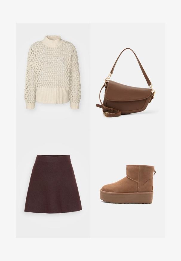 Kreminės spalvos megztinis su tekstūruotu, atviru audiniu ir banguotu apvadu. Aukštas kaklas ir ilgos rankovės, laisvas siluetas.; Burgundiškos spalvos mezginys sijonas, su plačiu juosmeniu, prasiskleidžiančiu dizainu ir glotnia tekstūra, bespalvis, be raštų ar akcentų.; Smėlio spalvos zomšiniai kulkšninių batai su platformos padu, apvaliu nosiu ir siuvinėjimo akcentais; turi kilpos užpakalinėje dalyje, kad būtų lengviau užsidėti.; Ruda odinė petinė kuprinė su tekstūrine apdaila, išlenkta forma, auksinės spalvos aksesuarai, reguliuojama juosta ir dangtis.