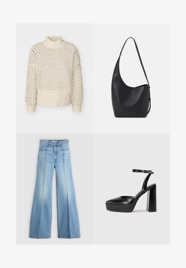 Cremfarbener gestrickter Pullover mit einem strukturierten, offenen Maschenbild und einem gerippten Saum. Hoher Kragen und lange Ärmel mit lockerer Passform.; Hellblaue, hoch geschnittene Jeans mit weitem Bein, Front- und Gesäßtaschen, Gürtelschlaufen und vertikalen Nahtdetails auf der Vorderseite.; Schwarze Plateau-High Heels mit spitzem Zeh und verstellbarem Knöchelriemen. Gefertigt aus glattem Leder und mit einem klobigen Blockabsatz.; Schwarze Leder-Hobo-Tasche mit einer glatten Textur, geschwungener Form und einem einzelnen verstellbaren Tragegurt; verfügt über eine weite Öffnung am oberen Ende.