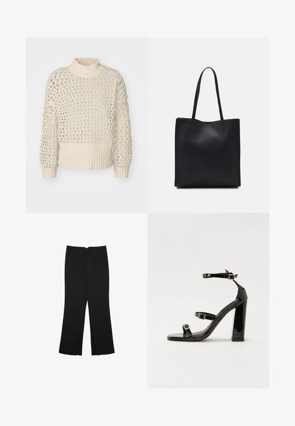 Cremfarbener gestrickter Pullover mit einem strukturierten, offenen Maschenbild und einem gerippten Saum. Hoher Kragen und lange Ärmel mit lockerer Passform.; Schwarze Hose mit geradem Schnitt, ausgestattet mit Fronttaschen und Seitenschlitzen am Saum. Hergestellt aus weichem, glattem Stoff. Geeignet für verschiedene Anlässe.; Schwarze patentierte Sandalen mit Absatz, quadratischer Spitze, Knöchelriemen und silbernen Schnallen. Mit einem stabilen Blockabsatz für mehr Stabilität.; Schwarze Laptoptasche aus Leder mit glatter Textur, rechteckiger Form und zwei langen Griffen. Keine sichtbaren Beschläge oder Verzierungen.