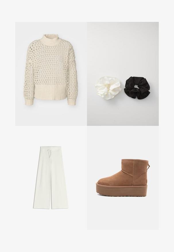 Cremefarvet strikket sweater med et tekstureret, åbent vævdesign og ribbet kant. Høj hals og lange ærmer med en løs pasform.; Bredde ben, hvide bukser lavet af blødt strikstof, med en elastisk talje og snøre for justerbar pasform. Glat tekstur, ingen mønstre.; Tan ruskinds ankelstøvle med platformssål, rund tå og syninger; har en løkke bagpå for nem påtagning.; To satin scrunchies, en hvid og en sort, med en bølget design og glat tekstur, præsenteret mod en ensfarvet hvid baggrund.