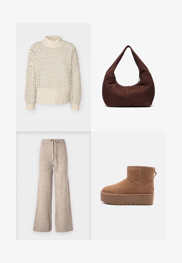 Cream knitted sweater with a textured, open weave design and a ribbed hem. High neck and long sleeves with a loose fit.; Beige wide-leg pants made from textured knit fabric, featuring a drawstring waist and a relaxed fit.; Tan suede ankle boot with a platform sole, rounded toe, and stitching accents; features a pull tab at the back for easy wear.; Brown suede hobo bag with a curved, wide handle and a large opening. Soft texture with visible stitching detailing along the edges.