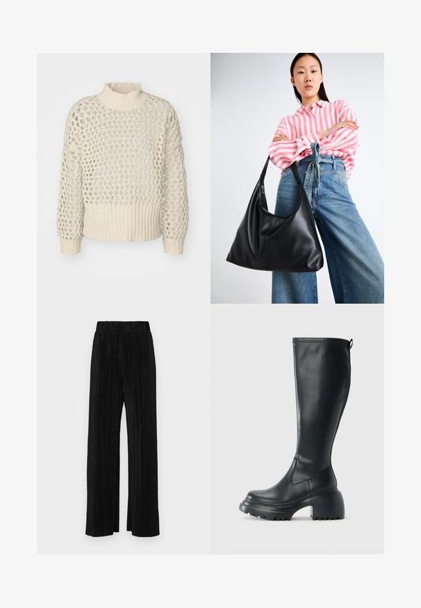 Kreem värvi kootud kampsun tekstureeritud avatud kudumisega ja ribide äärisega. Kõrge kaelus ja pikad varrukad laia lõikega.; Mustad pleekitud püksid elastse vöökohtaga. Omavad laiad jalad ja sujuvat, tekstureeritud kangast vertikaalsete triipudega.; Kõrge must nahksaapad, millel on massiivne platvormi tald ja blokk-kand, varustatud tõmbenööriga ja tekstuuriga väljatõmbejääk.; Must musta õlakott lahtise kuju ja õmbluse detailidega. Mudel kannab roosa ja valge triibulist särki koos laia jalgadega siniste teksadega.