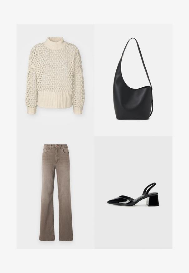 Kermanneule sweater, jossa on teksturoitu, avoin kudontasuunnittelu ja ribbaushelma. Korkea kaula-aukko ja pitkät hihat, joissa on löysä istuvuus.; Kuhun ruskeat korkeavyötäröiset suorat farkut etuvipusella, vyölenkeillä ja klassisella viiden taskun muotoilulla valkoista taustaa vasten.; Mustat patentoitu nahkakengät, joissa on säären takaosa ja terävä kärki, sekä geometrinen palikkakorko. Sisältää tyylikkään, minimalistisen muotoilun ja sileän pinnan.; Musta nahkainen hobo-laukku, jossa on sileä pinta, kaareva muoto ja yksi säädettävä olkahihna; sisäänkäynti on leveä ylhäältä.