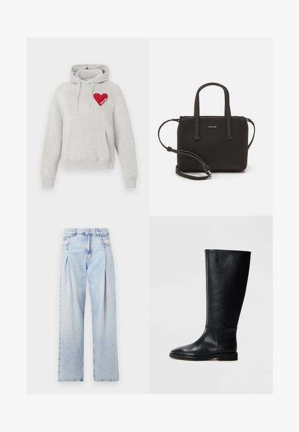 Světle šedá mikina s kapucí, přední kapsou, šňůrkami a červeným grafickým motivem srdce na prsou se slovem "BUDOUCNOST" uvnitř.; Světlé modré džíny z denimu s vysokým pasem, širokým střihem, dvěma bočními kapsami a nařaseným designem. Měkká textura s vybledlým povrchem.; Černá kožená vysoká bota s kulatou špičkou, hladkou texturou, minimalistickým designem a plochou podrážkou. Jednoduché švy na holeně.; Černá kabelka s dvojitými krátkými uchy a odnímatelným ramenním popruhem. Hladký koženkový materiál s uzávěrem na zip a detailem loga.