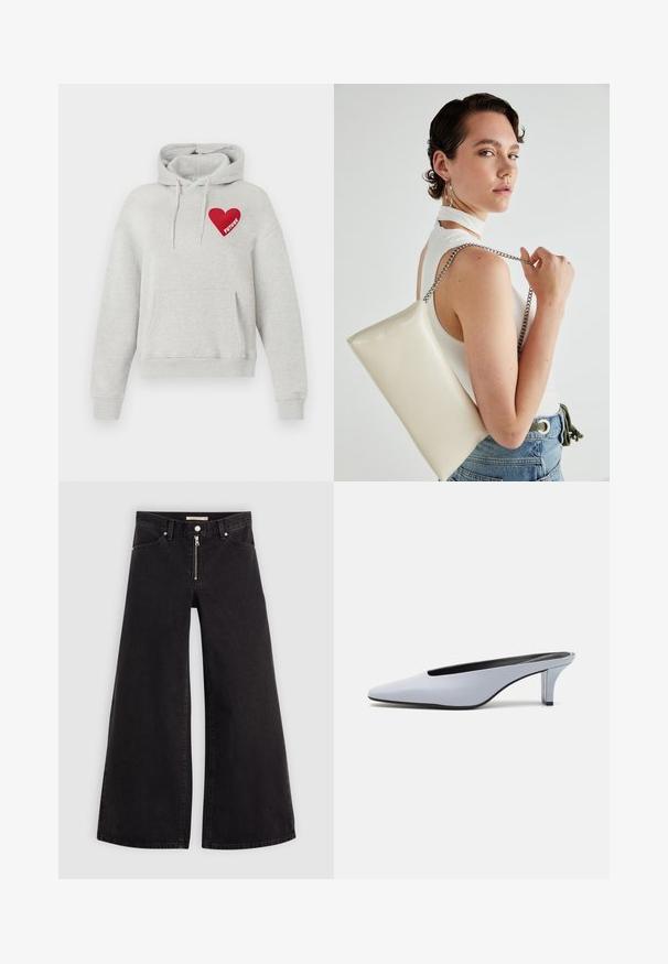 Világosszürke kapucnis felső elülső zsebbel, zsinórokkal, és egy piros szív grafikával a mellkasán a "FUTURE" felirattal.; Fekete denim széles szárú farmer, cipzáros elejével, öt zsebes kialakítással és diszkrét varrással. Sima textúra és laza stílus.; Világoskék patent bőr mules, hegyes orral, alacsony átlátszó sarokkal, és egy letisztult dizájnnal, amelynek a vampjén kivágás található.; Fehér, téglalap alakú, fényes anyagból készült clutch táska, ezüst láncos pánttal. A modell pózol, bemutatva a táskát egy egyszínű háttér előtt.