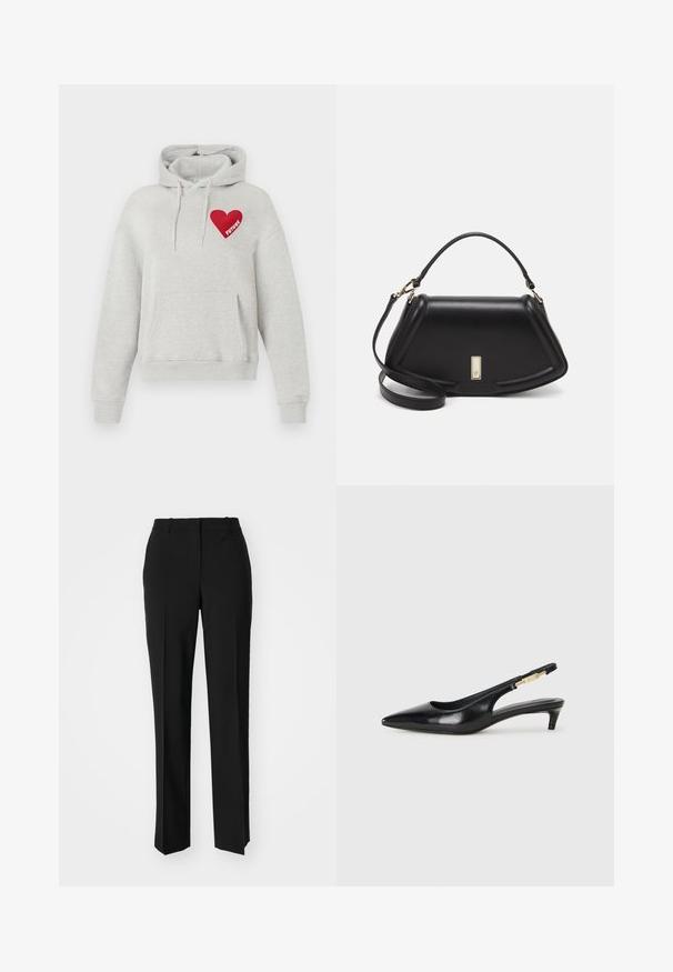 Light gray hoodie with front pocket, drawstrings, and red heart graphic on chest with word "FUTURE" inside.; Black tailored trousers with a straight-leg design, featuring a smooth texture and crisp creases along the front. No visible hardware.; Black leather slingback heels with a pointed toe, featuring a slim heel and a gold-tone accent on the adjustable strap. Smooth texture.; Black leather handbag with a structured design, featuring a cropped shape, top handle, and gold hardware accent. Adjustable shoulder strap included.