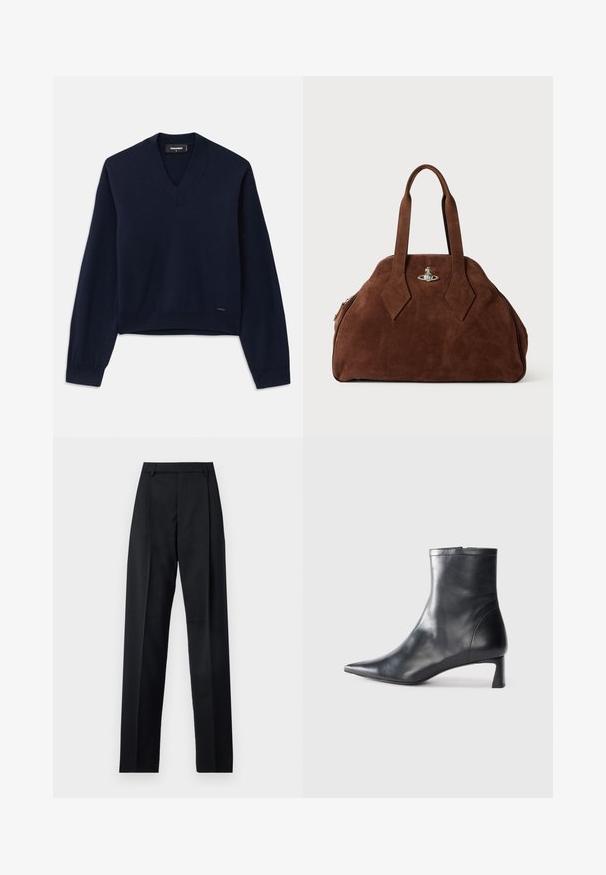 Tumedat sinine, pikkade varrukatega sviiter V-kaelusega, mis on valmistatud pehmest kangast. Omab ribakootud mansette ja alläänt, minimaalne bränding allosas.; Mustad püksid siledast kangast, millel on kõrge vöökoht, laiad jalad, esimesed kortsud ja klassikalised vööloopid. Küljepockets pole nähtavad.; Mustad mustall nahkasaabas terava nina ja stiilse disainiga. Omab madalat konts ja luku sulgemist taga. Sile tekstuur.; Pruun nahast käekott, millel on struktureeritud kuju, ümar keha ja piklikud rombikujulised käepidemed. Varustatud hõbedase riistvaraga lukuga.