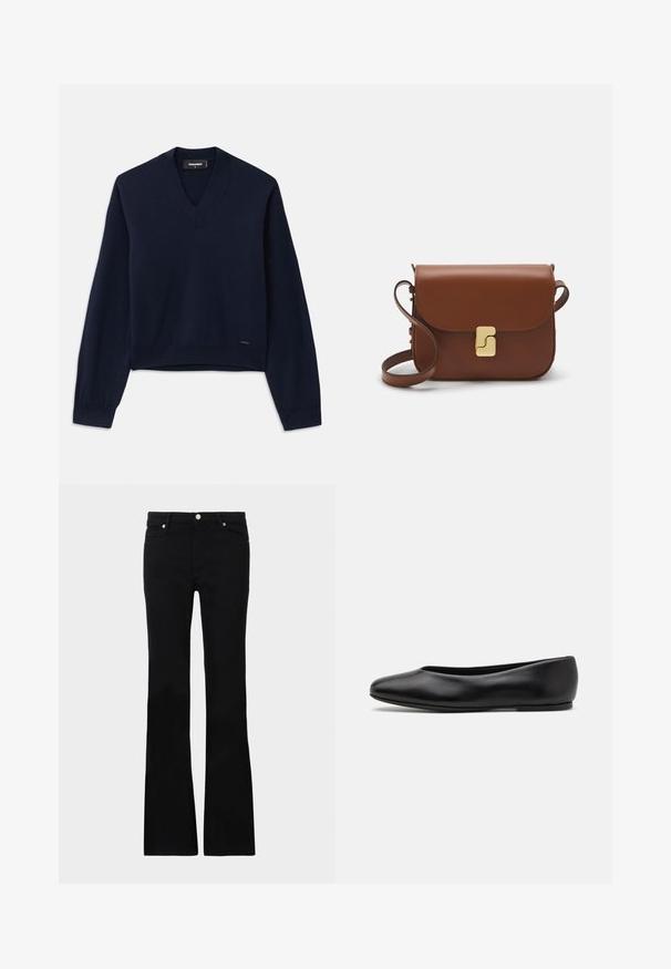 Navy blue, long-sleeve sweater with a V-neck design, crafted from a soft fabric. Features ribbed cuffs and hem, minimal branding at the bottom.; Black flared jeans made of denim, featuring two front pockets, a button closure, and a smooth texture. Signature stitching visible at seams.; Paul Smith TOPANGA - Ballet pumps - black; Brown leather handbag with a flap closure, gold-tone hardware, a shoulder strap, and a smooth texture. Compact rectangular shape.